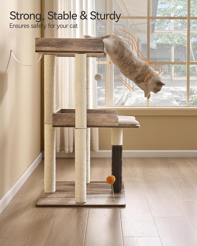 43.7" Cat Tree, Modern Cat Tree Tower, Cat Tower for Indoor Cats Large Adult, Cat Condo with Scratching Post, Large Perch and Removable Pads, Greige