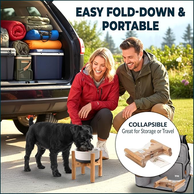 Dog Bowl Stand for Small-to-Medium Dogs - Adjustable | Use to Elevate Raise Dog Food, Water and Slow Feeder Bowls, Lock-Bolts and Tool Added, Foot-Padded, Bamboo Stand Only
