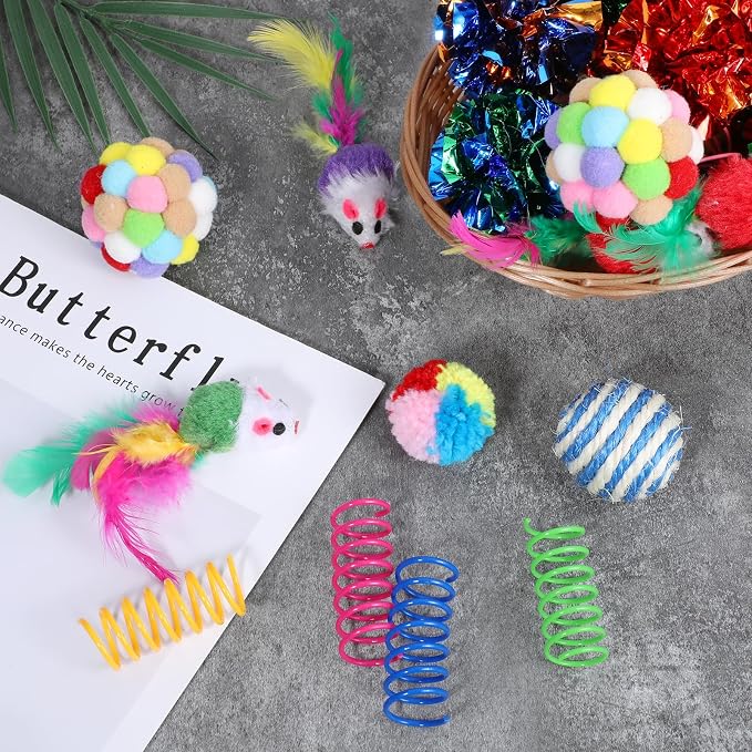 150 Pcs Cat Toys Bulk for Indoor Cats, Kitten Toys Assorted Variety Pack, Cats Toy Bundle with Mice Rainbow Balls/Springs Crinkle Balls/Lattice/Sisal/Table Tennis/Plush/Caged Bell for Kitty Kitten