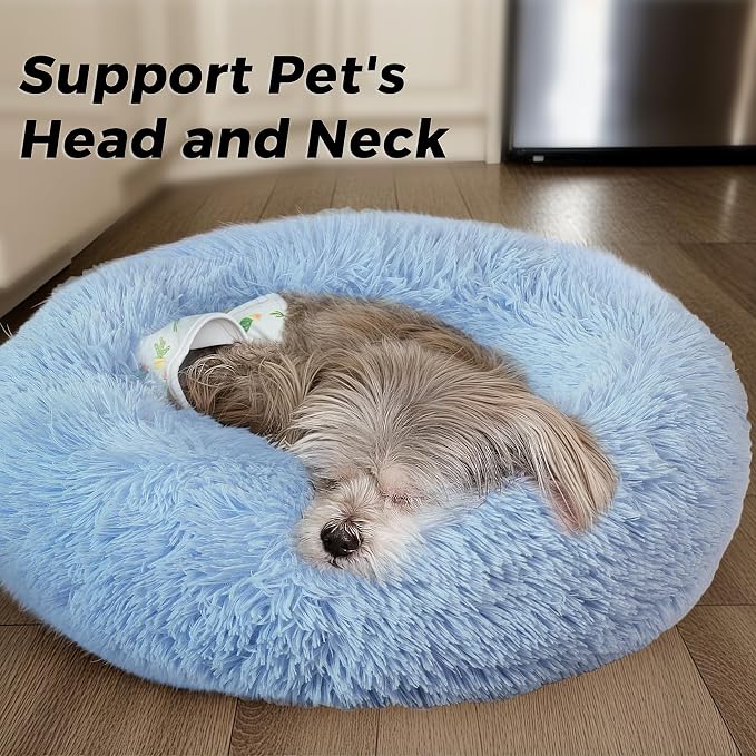 Calming Round Dog Bed & Cat Bed for Indoor Cats, Medium Size Washable Anti-Slip Anti-Anxiety Donut Dog Beds for Small Dogs & Cats, Fluffy Plush Soft Dog Bed(20 Inch, Light Blue)