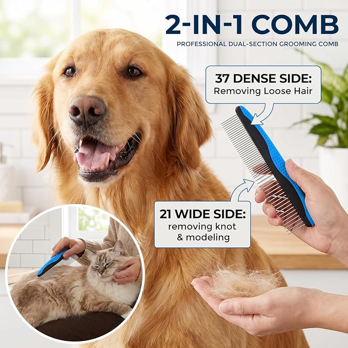 3-in-1 Pet Grooming Kit Rake Metal Comb & Bath Brush Blue | Double-Sided Dematting Undercoat Rake, Deshedding Metal Comb, Bath Brush For Dogs and Cats