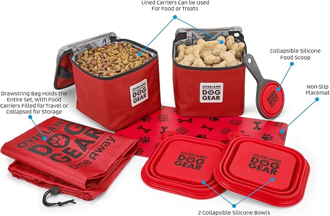 Mobile Dog Gear, Dine Away Dog Travel Bag for Medium and Large Dogs, Includes Lined Food Carriers and 2 Collapsible Dog Bowl, Collapsible Scooper and Placemat, Red