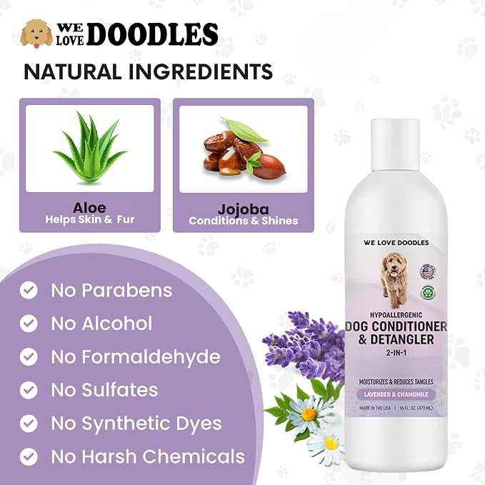 2-in-1 Dog Conditioner & Detangler, for Doodles & Poodles, Lavender, 16OZ | Best Conditioner for Dogs With Allergies & Itchy Skin, Hypoallergenic & Tearless For Goldendoodle Puppy, Detangling Formula