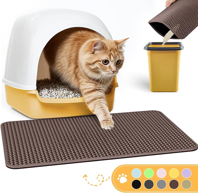 Powools Cat Litter Mat, 23.2 x 14.6 in, Waterproof, Non-Slip, Brown | Litter Trapping Mat, Easy to Clean, Litter Box Mat, Urine-Proof, Cat Toilet Training Systems Accessories, Indoor Cats