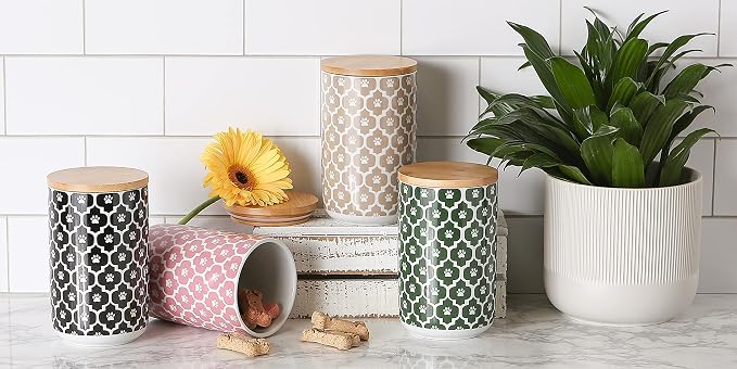 Bone Dry Lattice Collection Pet Bowl & Canister, Treat Canister, 4x6.5 inches, Stone