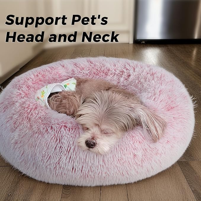 Calming Round Dog Bed & Cat Bed with Anti-Slip Bottom, Medium Size Washable Anti-Anxiety Donut Dog Beds for Small Dogs & Cats, Fluffy Plush Soft Dog Bed(24 Inch, Pink)
