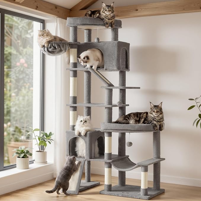 Feandrea Multi-Level Cat Tree for Large Cats, 79.5 inch Tall Cat Tower with 6 Resting Areas and Sisal Scratching Posts, 41.3 x 17.7 x 79.5 inch, Dove Gray Clawfy Collection UPCT020G101