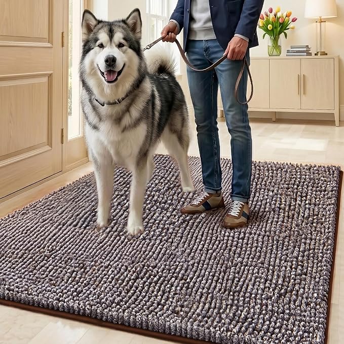 EHEYCIGA Super Absorbent Dog Door Mat for Muddy Paws 60x24 Inch Indoor, Front Doormat Outside Entrance, Quick Dry Chenille Washable Dog Crate Bed, Non-Slip Pet Rug Mud Mat Outdoor Entryway, Brown