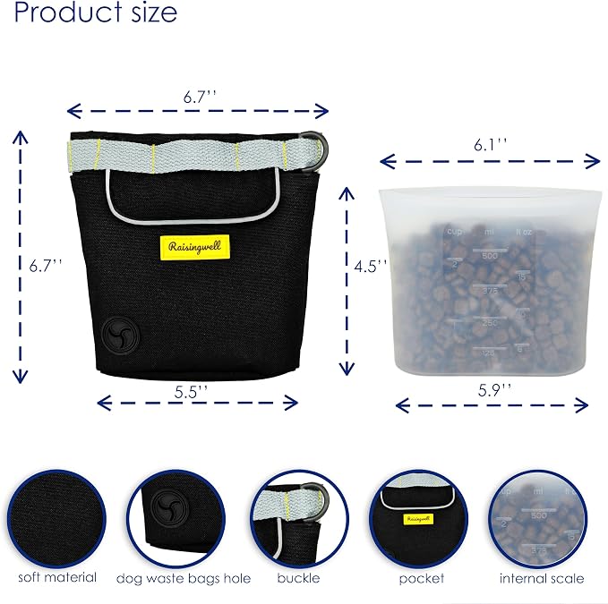 Raisingwell Dog Treat Pouch for Pet Walking and Training with Clicker 2 Cup Silicone Bag Small Fanny Pack Holder for Puppy Snack Dispenser Kit for Leash and Outdoor Use (Black)