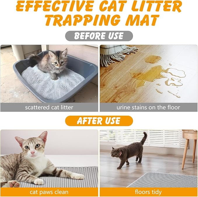 ondware Cat Litter Mat, Double Layer Waterproof EVA, 46 x 26 Inch, Gray | Honeycomb litter trap, urine-proof backing, soft on paws, easy to shake clean or rinse, non-slip design
