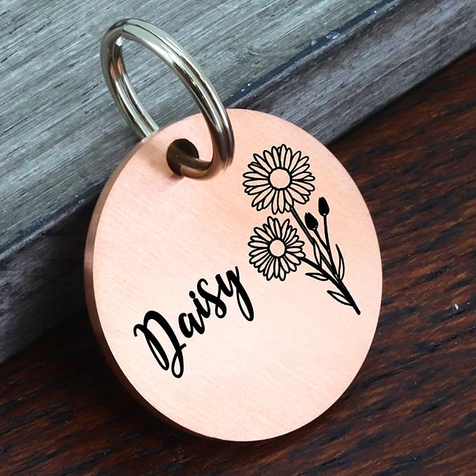 Ultra Joys Personalized Dog Tags for Pets - Durable Stainless Steel Customizable Dog Cat ID Tags - Dog Tags for Safety Optional Engraved on Both Sides -Birth Flower Round Dog Tag, Rose Gold