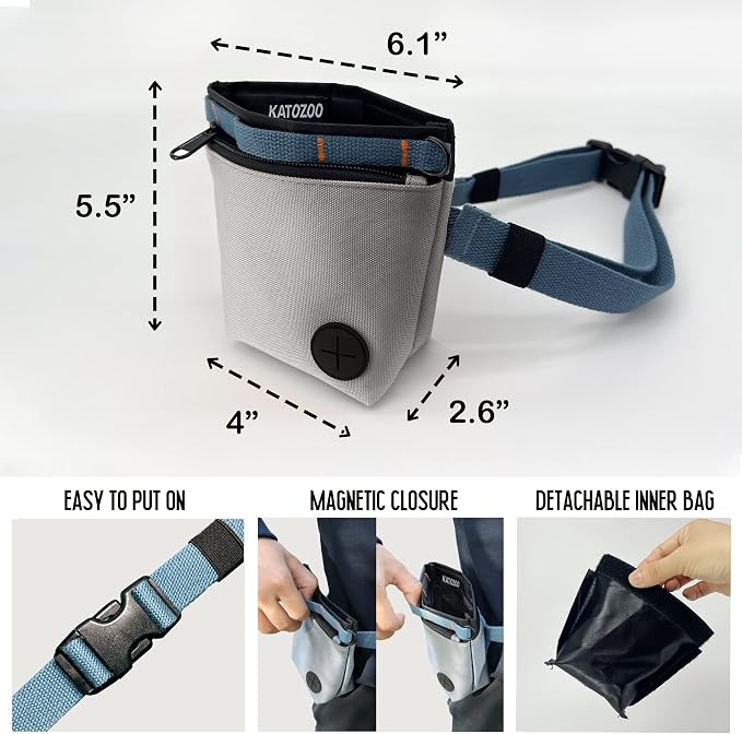Dog Treat Pouch with Pet Training Clicker, Dog Training Treat Pouch Kit, Magnetic Closure, Hands-Free Training (Grey)