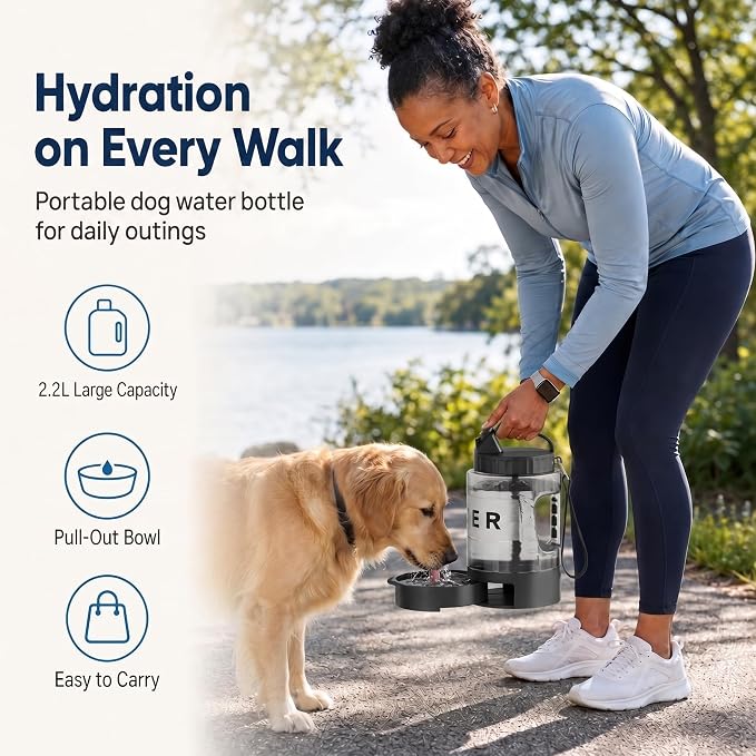 lesotc Portable Dog Water Bowl Dispenser - 77oz Travel Water Bottle with Pop-Out Drinking Bowl, No-Spill Design for Camping, Hiking & Car Rides - Keep Your Dog Hydrated Anywhere, Black