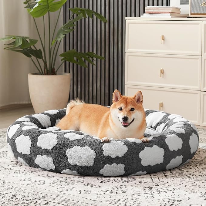 JOEJOY Donut Dog Bed Medium Size, Cute Round Calming Pet Bed with Removable Washable Cover, Orthopedic Cat Puppy Bed with Jacquard Shaggy Plush & Non Skid Bottom