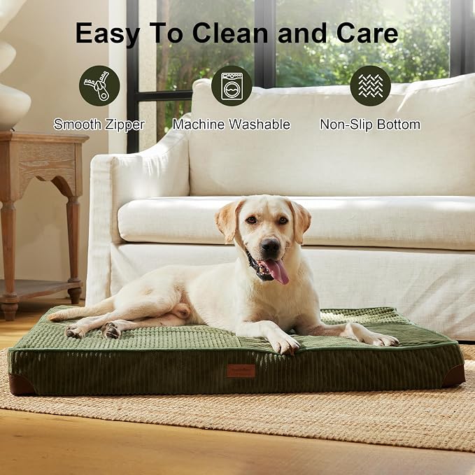 FUKUMARU Large Dog Bed, Thickened Waterproof Dog Mat with Washable Cover | Corduroy Orthopedic Dog Bed for Crate, 28D Egg Crate Foam Support Pet Mat, Cozy Flat Dog Pad with Anti-Slip Bottom, Green