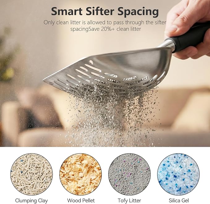 Cat Litter Scoop, Kitty Metal Scooper, Heavy Duty Aluminum Deep Sifter with Long Handle, Rustproof Durable Kitten Poop Shovel for Travel & Small Litter Box