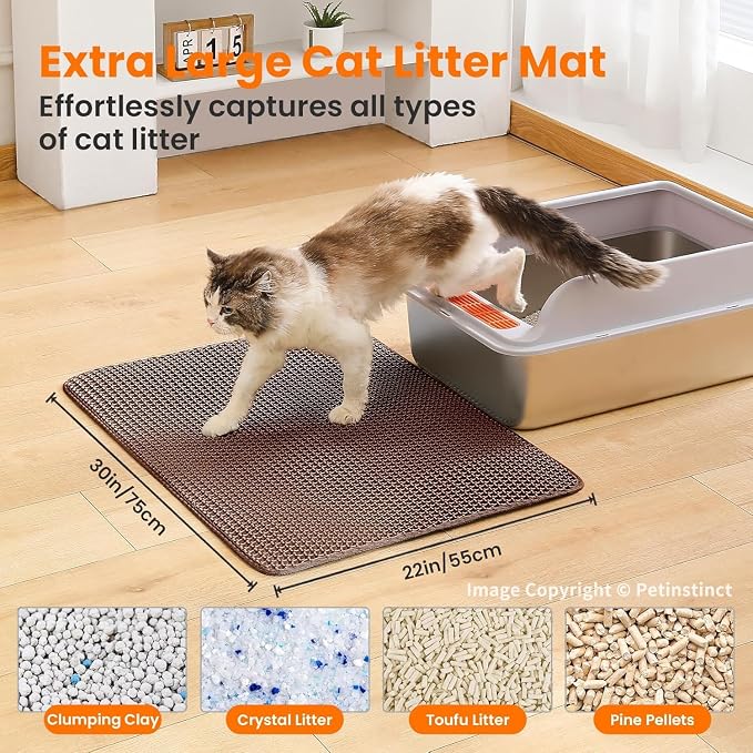 Extra Large Cat Litter Mat, Double Layer Honeycomb, Brown | 30x22”, Reduces Litter Tracking, Easy to Clean, Waterproof, Non-Slip, Soft on Paws, Scratch Resistant, Brown, XL