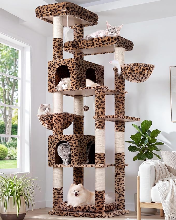 Globlazer Sturdy Extra Large Cat Tower for Indoor Cats, S81C, Leopard Print | 81 inch Heavy Duty Cat Tree for Indoor Large Adult with 8 Scratching Post, 2 Cat Condos, 2 Platform