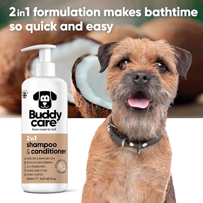 Buddycare 2in1 Dog Shampoo and Conditioner (16.90oz) | Coconut Scented Dog Shampoo Sensitive Skin | Hypoallergenic Itch Relief for Smelly Dogs | Essential Dog Grooming Supplies
