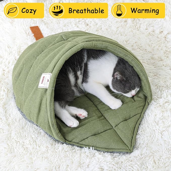 Cat Sleeping Bag Cave Bed with Non-Slip Bottom (Green with Support) | Comfortable Linen Fabric, Non-stick Hair, Felt Handle, Washable, Suitable Size for Most Cats and Puppy, Durable Pet Nest