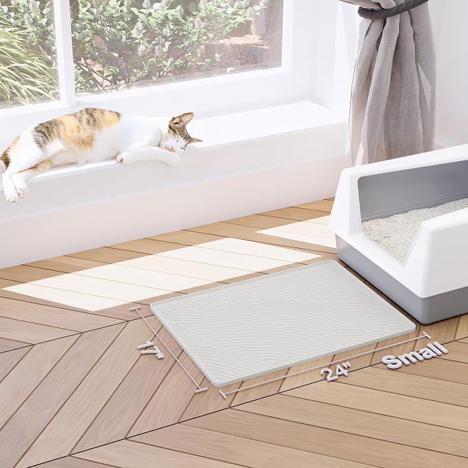 Cat Litter Box Mat - SM Small Medium Size 24 x 17 in, Water Proof, Kitty Litter Trapping Mat, Easy to Clean, Scatter Control, Odorless, Pet Supplies for Indoor Cats, Beige Gray