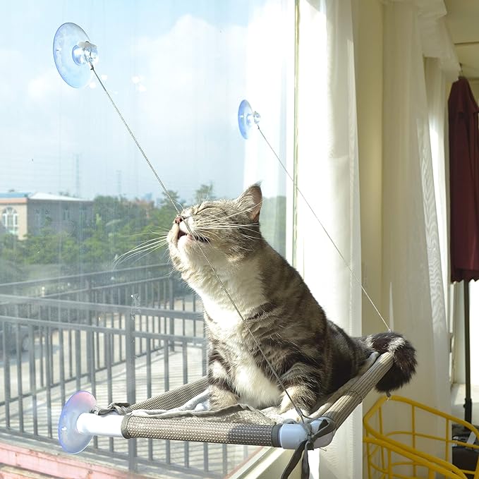 PEFUNY Cat Window Hammock – Mess-Free Waterproof Cats Window Perch for Large Cats, Strong Suction Cup Hammock with Flannel Cover, Indoor Cat Seat, Beige