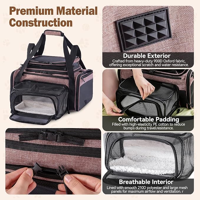 Cat Carrier Soft Sided, Expandable Pet Carrier for Medium Small Pets, Collapsible Travel Carrier with Hard Shell, 360° Panoramic Mesh, Washable Waterproof Pad | – 17.3×13.8×9.4 (Pink)