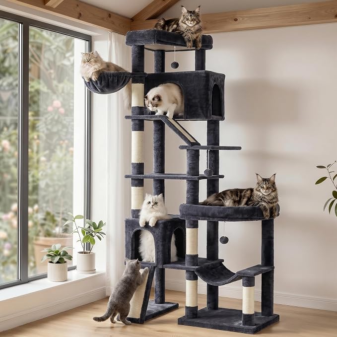 Feandrea Multi-Level Cat Tree for Large Cats, 79.5 inch Tall Cat Tower with 6 Resting Areas and Sisal Scratching Posts, 41.3 x 17.7 x 79.5 inch, Dark Gray Clawfy Collection UPCT020G201