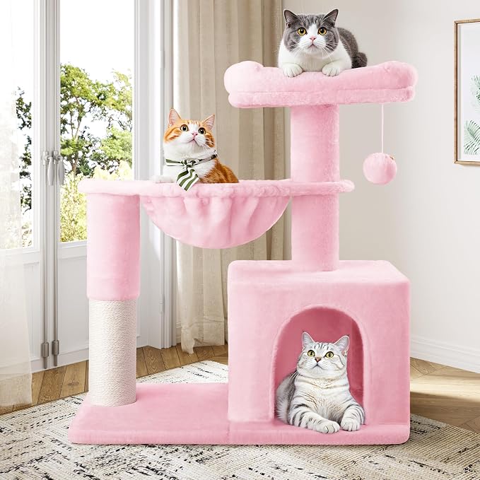Allewie 29.5in Indoor Cat Tree, Multi-Level Cat Tower with Sisal Scratching Posts, Padded Perch, Basket, Condo, and Hanging Ball, Suitable for Kittens and Adult Felines, Pink