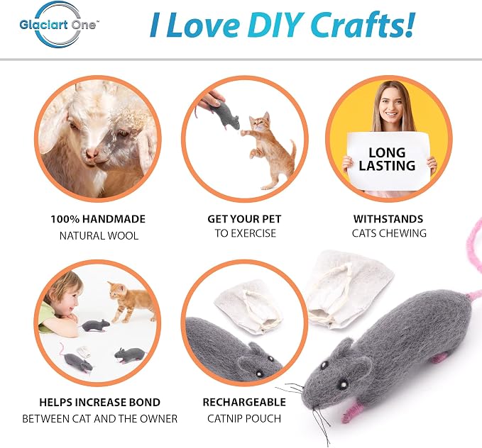 Glaciart One Felt Cat Rat Toy – Soft Fuzzy Enrichment 100% Natural Wool - Interactive Catnip Play Cat Toy Set - Safe for Pets, Non-AZO Colored Dyes
