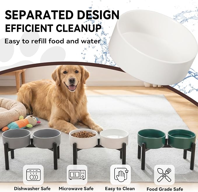 Dog Bowls Elevated - Ceramic Raised Dog Bowl with Non Slip Steel Stainless Stand - No Spill and Heated Feeding Station - Food and Water Dish Set for Medium to Large Pet - Each Holds 7.5 Cups – White
