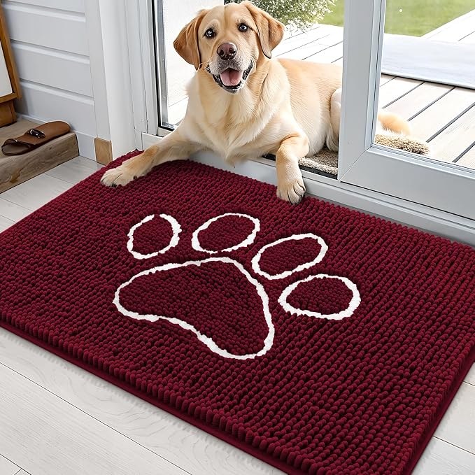OLANLY Dog Door Mat for Muddy Paws 70x35, Paw Print Design Chenille Mud Mat | Burgundy, Absorbent, Traps Moisture and Dirt, Non-Slip Washable Doormat, Quick-Drying Indoor Entryway Floor Carpet for Dogs