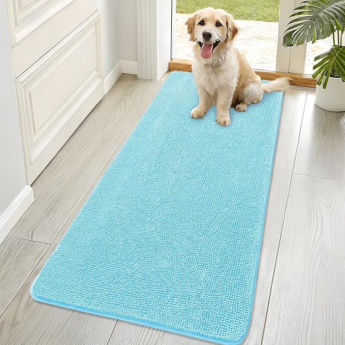 OLANLY Dog Door Mat for Muddy Paws 70x32, Super Absorbent Chenille Mud Mat | Blue, Absorbs Moisture and Dirt, Non-Slip Machine Washable Doormat, Quick-Drying Indoor Entryway Floor Carpet for Dogs