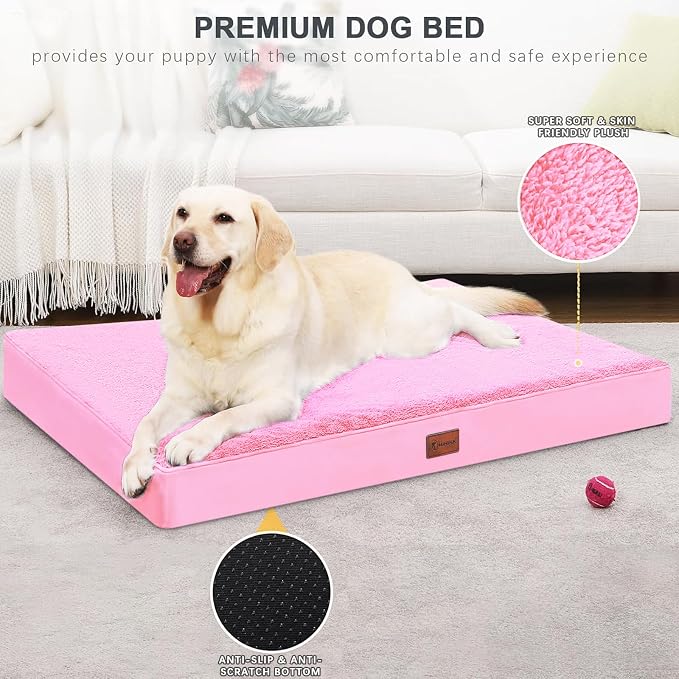 Waterproof Large Size Dog Crate Bed Orthopedic 41x27 Pink | Removable Washable Cover, Egg Crate Foam, Soft Plush Flat Pet Mat, Non-Slip Bottom, Fits Large Dogs Up to 90 lbs