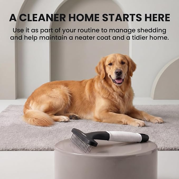 POODLIE Poodle Pet Dog Grooming Rake | Dematting Tool with Stainless Steel Shedding Comb for Pets | 2 Rows of Pins Gently Remove Loose or Tangled Hair from Undercoat (Black)