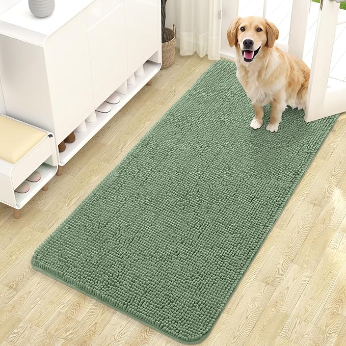 OLANLY Dog Door Mat for Muddy Paws 47x24, Super Absorbent Chenille Mud Mat | Olive Green, Absorbs Moisture and Dirt, Non-Slip Machine Washable Doormat, Quick-Drying Indoor Entryway Floor Carpet for Dogs