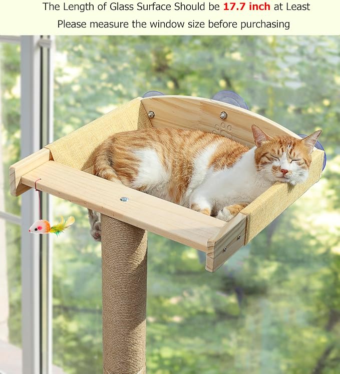 Cat Window Perch with Scratching Post, 46-Inch Tall Climbing Tree & Hammock | Heavy-Duty Suction Cups; Drill-Free; Pine Wood Frame; Holds Up to 40 lbs; For Small to Medium Cat; Sunbathing & Bird Watching