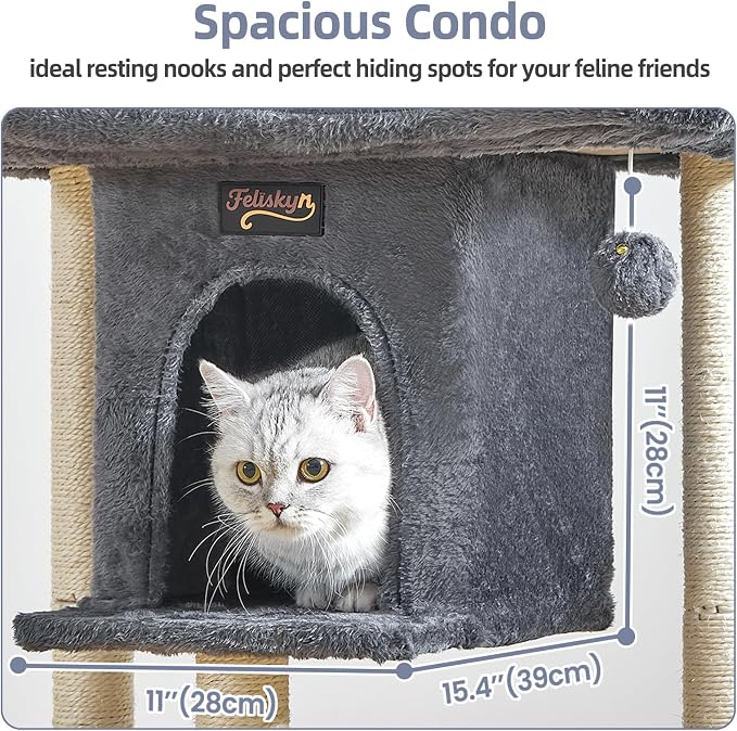 Cat Tree Tower Scratching Post for Indoor Large Adult Cats with Perch Bed | 28in Tall Small Cat Trees House with Big Perch, Condo, Toy Balls, Modern Kitten Climbing Furniture Platform, Dark Gray