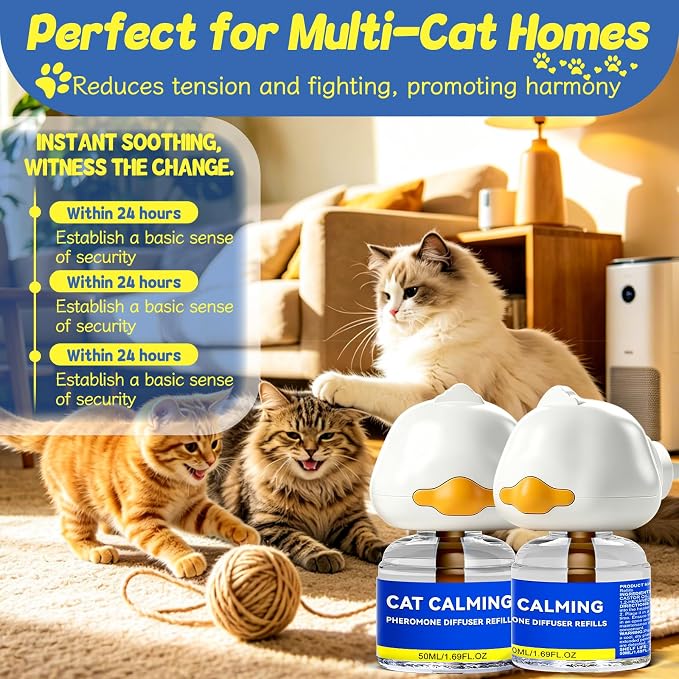 Cat Calming Pheromone Diffuser - 30 Days Relief (2 Plug-Ins & 4 Refills) for Multi-Feline Tension, Cat Calming Diffuser Kit Reduces Hiding, Excessive Meowing & Scratching During Move (50mL Each)