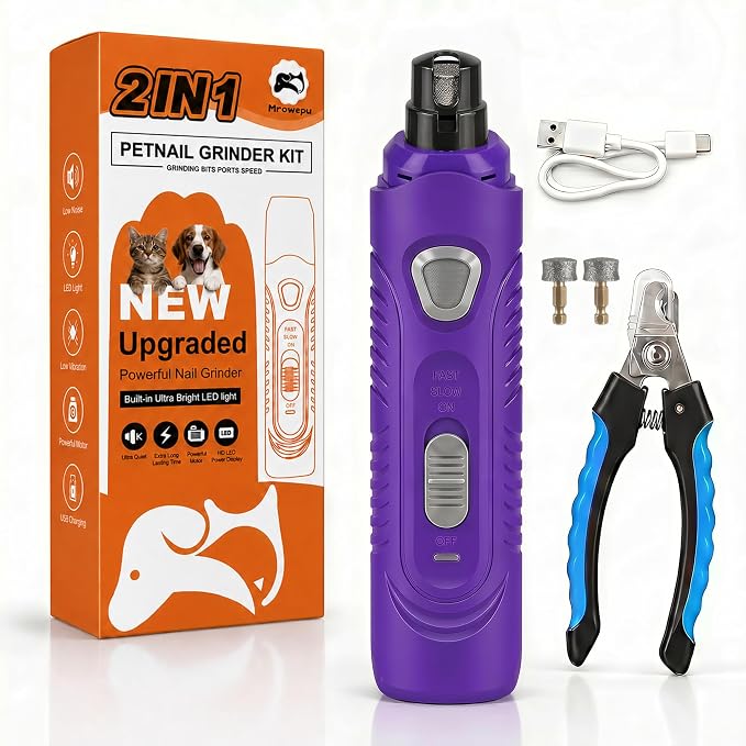 Pet Nail Grinder for Dogs and Cats, 2-Speed Electric Dog Nail Trimmer, Extral Steel Pet Nail Clipper, Rechargeable 2000mAh Nail Grinder for Small Medium Large Dogs with 2 LED Lights, Purple