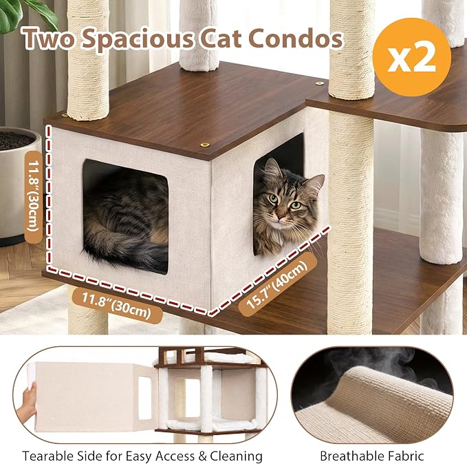 Cat Tree, Wooden Multi-Level Tower for Large Audlt Cats GCT104EB | 76" Cat House Furniture with Big Hammock, 2 Condos，Wood Platforms with Safety Railing, Sisal Scratching Posts, Earth brown