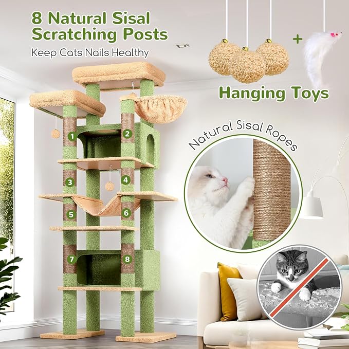 Globlazer Cactus Giant Tall Heavy Duty Cat Tower for Indoor Large Cat, F83B | XXL Multi-Level Large Cat Condo with 8 Scratching Posts, Hammock, 2 Cat Caves, 2 Platform, Green