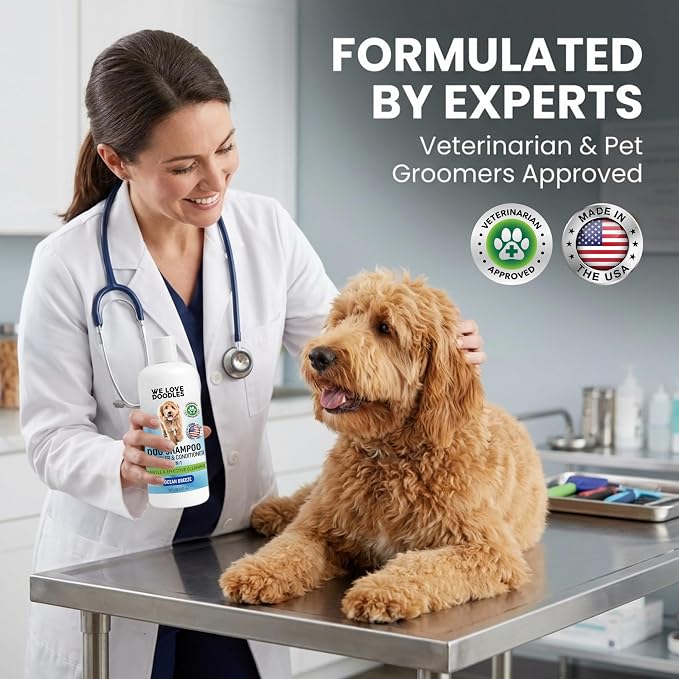 Dog Shampoo, Conditioner & Detangler, Gentle Tearless, Ocean Breeze, 16OZ | For Sensitive Itchy Skin, Hypoallergenic, Best For Smelly Dogs, Goldendoodle, Poodle & Doodle, Puppy Pet Wash, USA Made, 4in1