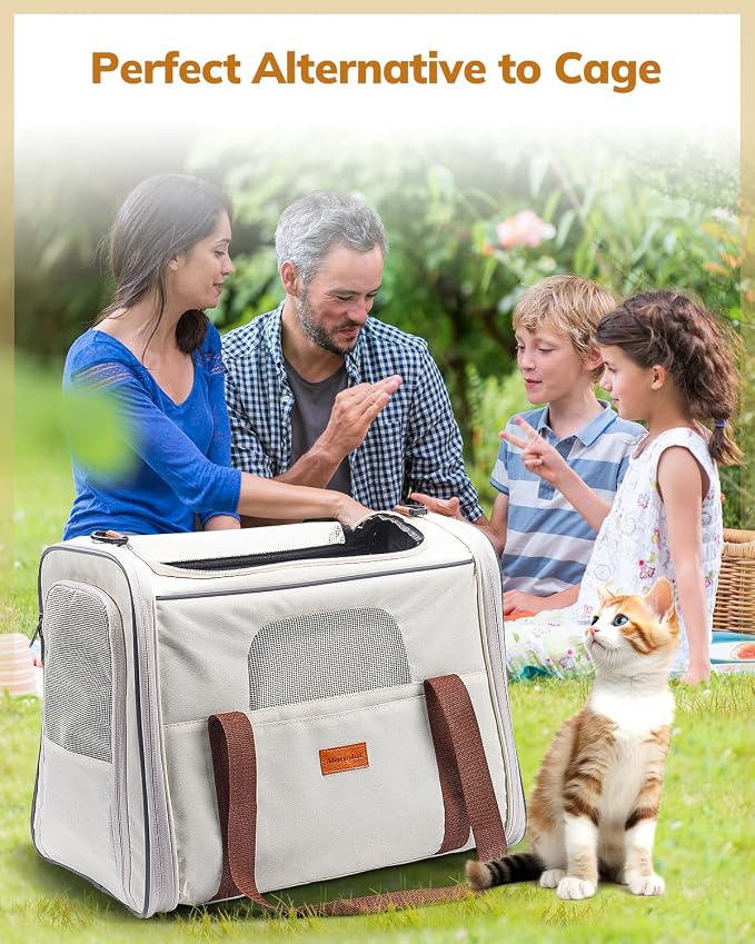 Morpilot Cat Carrier - Soft Sided Cat Carrier Large for Big Medium Cats and Puppy up to 18lbs, Pet Carrier with Safety Zippers, Foldable Bowl, Airline Approved Large Dog Carrier - Beige