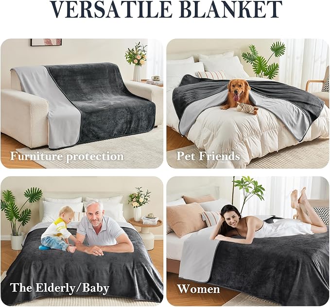 Waterproof Blanket 60"x80" for Adults, Reversible Waterproof Bed Cover for Dogs Cats Pets, Soft Leakproof Blanket for Bed Couch Sofa Furniture Protector, Dark Grey/Light Grey