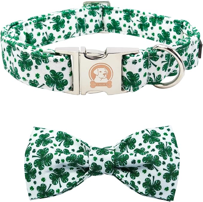 ·MR. CHUBBYFACE· St.Patrick's Day Dog Collar Green Clovers Adjustable Dog Collar Bow Tie for Small Medium Large Dogs