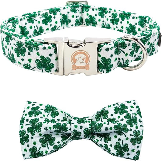 ·MR. CHUBBYFACE· St.Patrick's Day Dog Collar Green Clovers Adjustable Dog Collar Bow Tie for Small Medium Large Dogs
