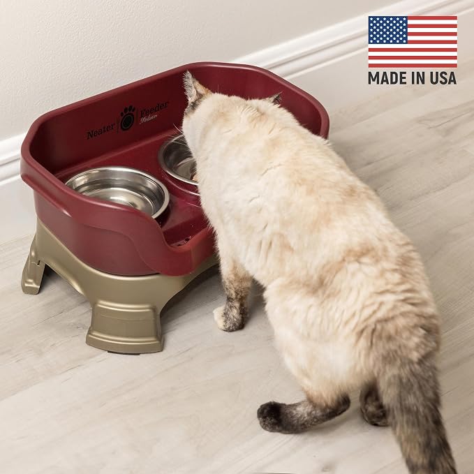 Neater Feeder Deluxe Mess-Proof Elevated Cat Bowls, 2 Height Adjustable (6” & 7.5”) No-Spill Raised Cat Bowl Stand, Whisker Friendly Stainless Steel Dishes for Indoor Cats, Made in USA, Cranberry