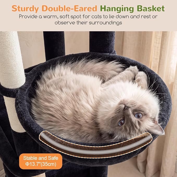 Globlazer Sturdy Cat Tower for Indoor Cats 20lbs, 76in, S76E, Dark Grey | Heavy Duty Cat Tree for Adult Big Cats Maine Coon with Scratching Post, 2 Extra Large Top Perch, 2 Padded Cat Condos