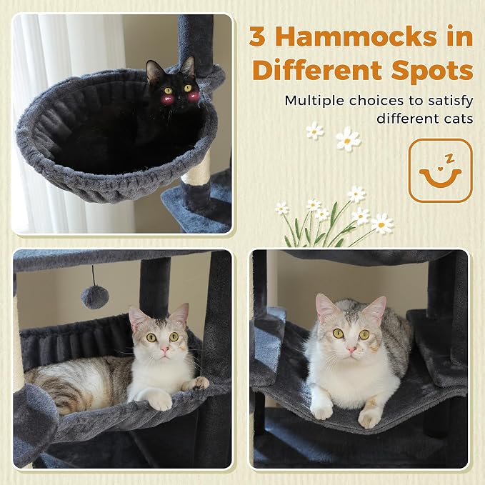 MUTTROS 81 Inch Tall Cat Tree for Big Cats & Multi-Cat Homes, Large Heavy Duty Cat Tower with Metal Frame Hammock, 6 Scratching Posts, 2 Condos, 2 Perches, Scratching Pad - Dark Grey